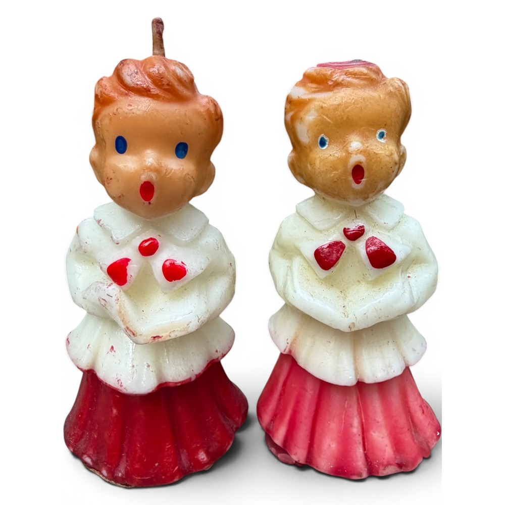 Vintage Christmas Choir Boy Figurines Set Gurley Style Wax Red White Holiday - Picture 2 of 11